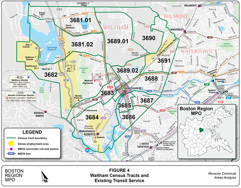 Waltham Census Tracts and Existing Transit Service
This figure is a map of Waltham showing census tract boundaries, dense areas of employment, and existing transit service.
